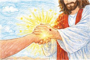 Ein Mann hält die Hand eines anderen Menschen, beide Hände sind von Licht umstrahlt