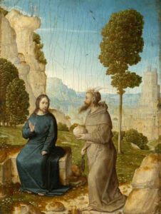 Der Teufel steht neben dem sitzenden Jesus und hält einen Stein in der Hand