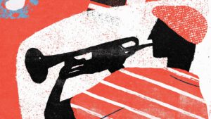 Illustration eines Trompeters mit roter Kleidung