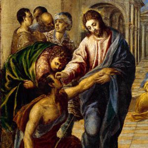 Ein Gemälde zeigt, wie Jesus einen Blinden heilt.