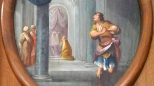 Gemälde verschiedener Personen in einem Tempel