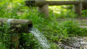 Wasser fließt aus einem Holzrohr im Wald in einen Bach