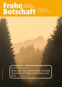 Zeitschriftencover mit Tannenbäumen und einem gelben Himmel als Titelbild